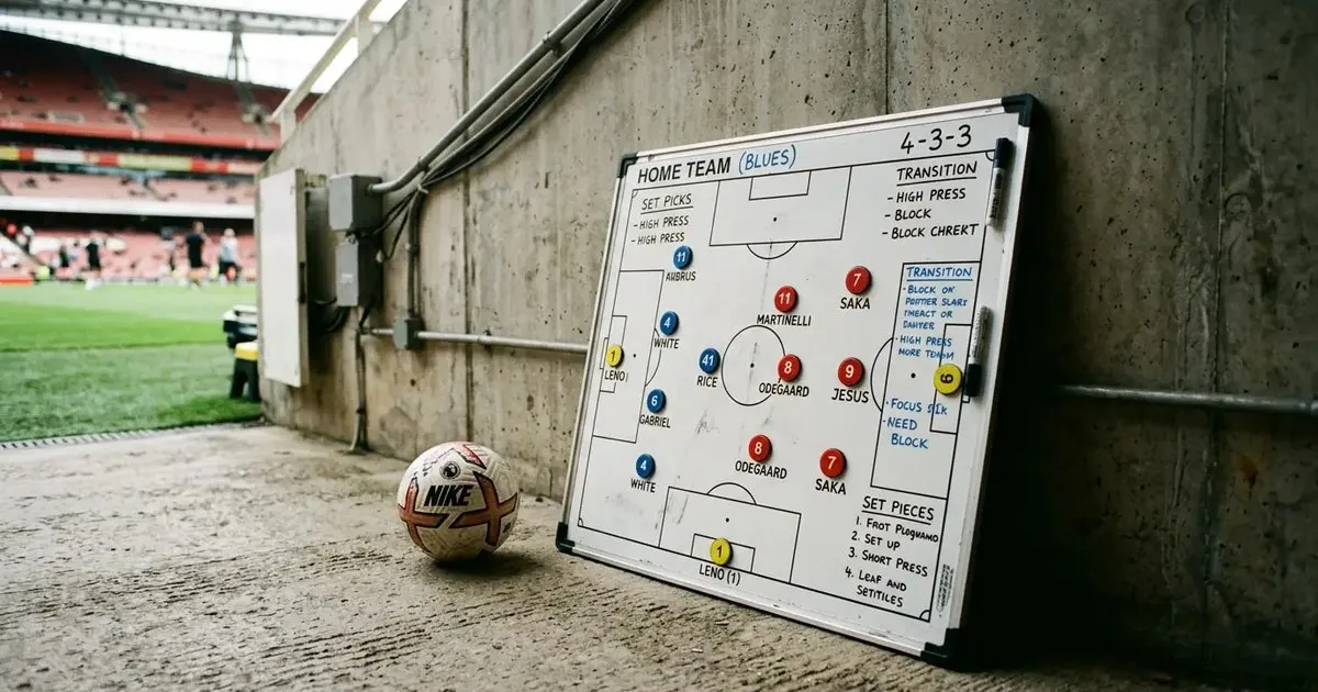 Pizarra táctica con una alineación de fútbol junto a un balón en el túnel de un estadio