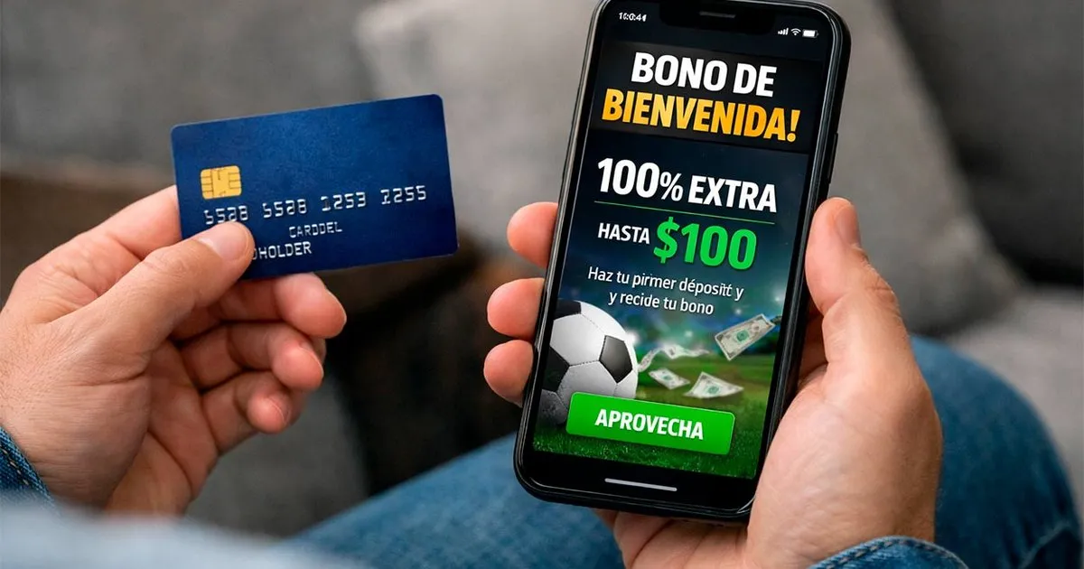 Persona con una tarjeta en una mano y en la otra un celular con un bono de bienvenida