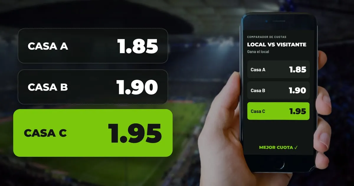 Mano con un celular que compara la misma apuesta en tres casas ficticias y marca la mejor cuota, 1.95, frente a un estadio de noche